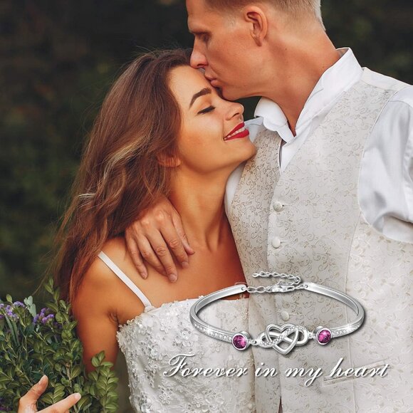 925 Sterling Silver Infinity Heart Birthstone Bangle Bracelet Adjustable for Wom - Picture 5 of 6